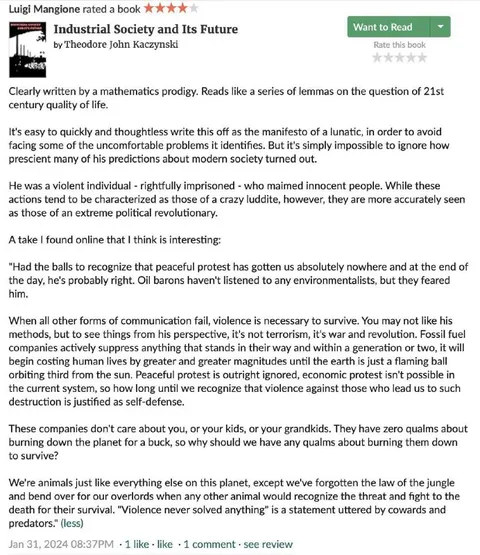 Luigi Mangione Reviews Kaczynski