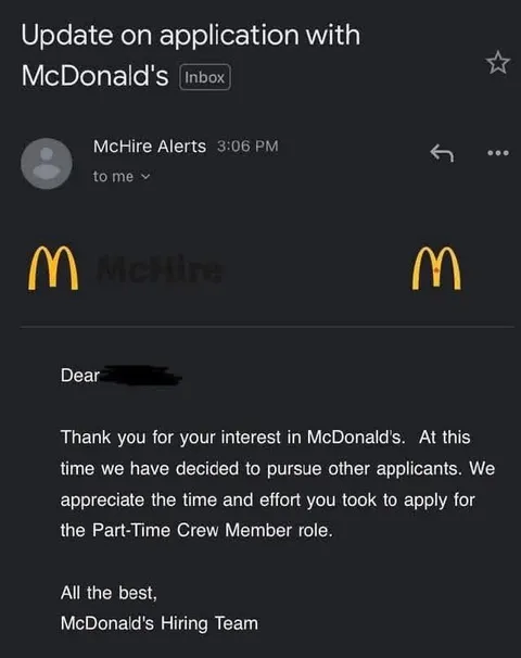 McDonald's Job Rejection Email