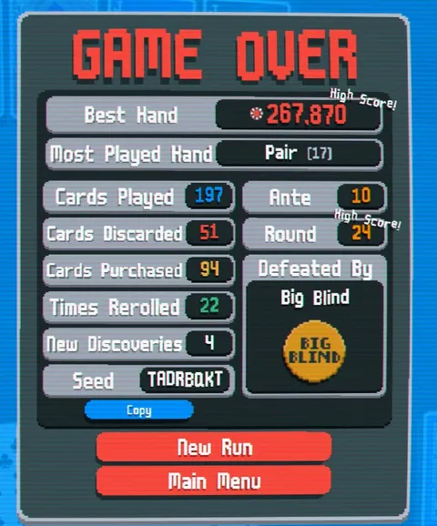 Balatro Game Over Screen