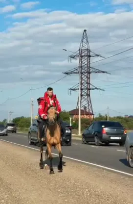 Курьер на лошади объезжает пробку