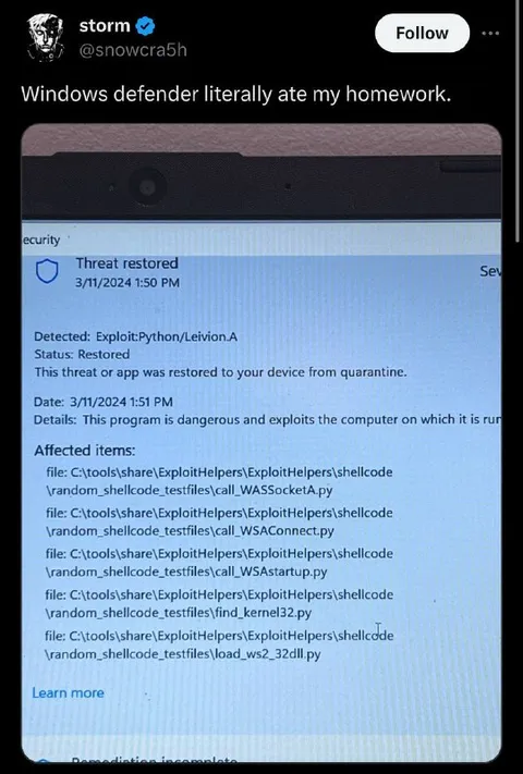 Windows Defender Ate My Homework