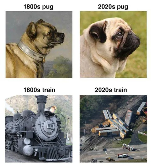 1800s vs 2020s Pug and Train