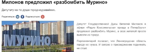 Милонов предложил разбомбить Мурино