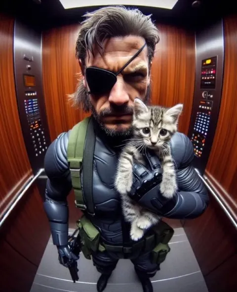 Солид Снейк с котёнком в лифте