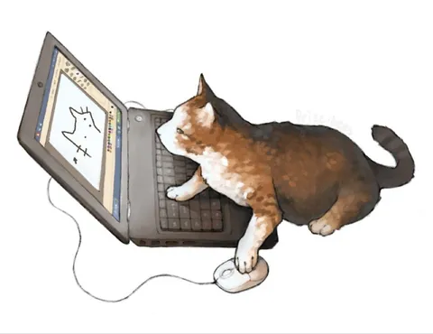 Кот работает за ноутбуком