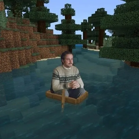 Мужчина плывёт на лодке в Minecraft
