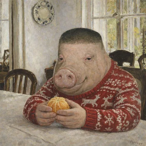 Свинья чистит мандарин