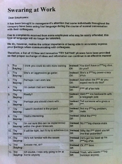 Swearing at Work Translation Chart