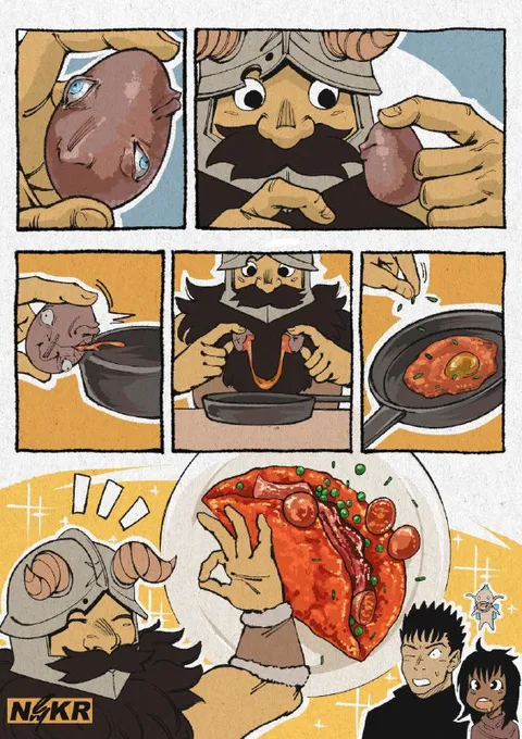 Гном готовит пиццу из мяса