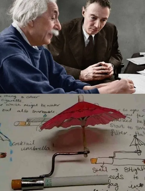 Einstein and Oppenheimer Invent a Cigarette Umbrella