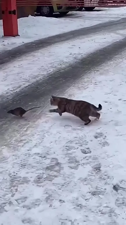 Кот гонится за мышью по снегу