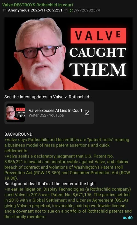 Valve Caught Rothschild in Court