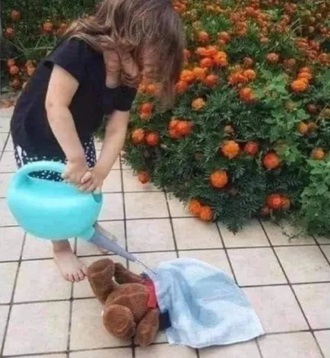 Лейка поливает плюшевого мишку