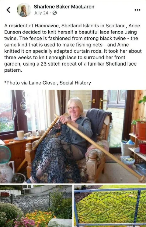 Woman Knits a Lace Fence
