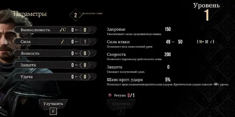 Экран характеристик персонажа
