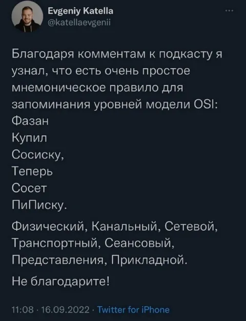 Мнемоника уровней модели OSI