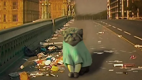 Грустный кот на пустой дороге