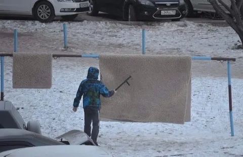 Ребёнок чистит ковёр на морозе