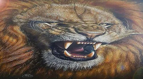Оскалившийся лев крупным планом