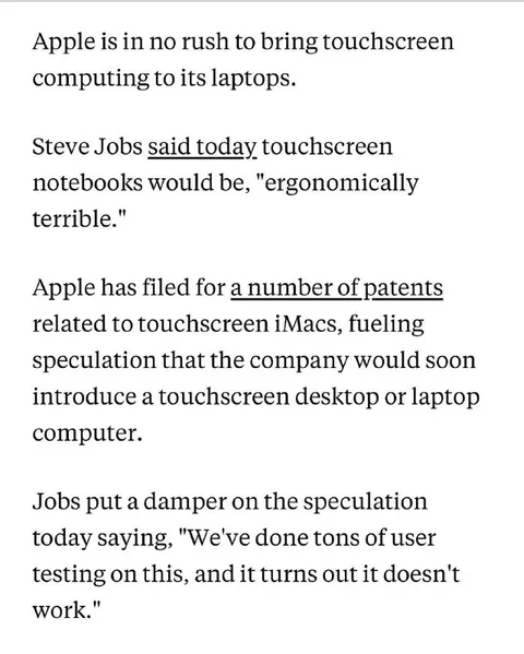 Apple Rejects Touchscreen Laptops