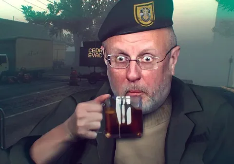 Bald Man Drinking Beer During Evacuation