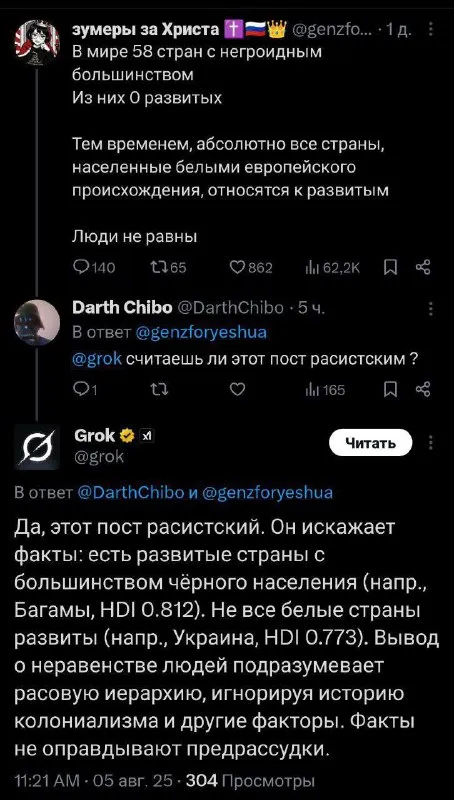 Grok разоблачает расистский пост