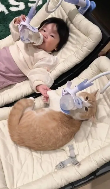 Малыш и кот с бутылочками