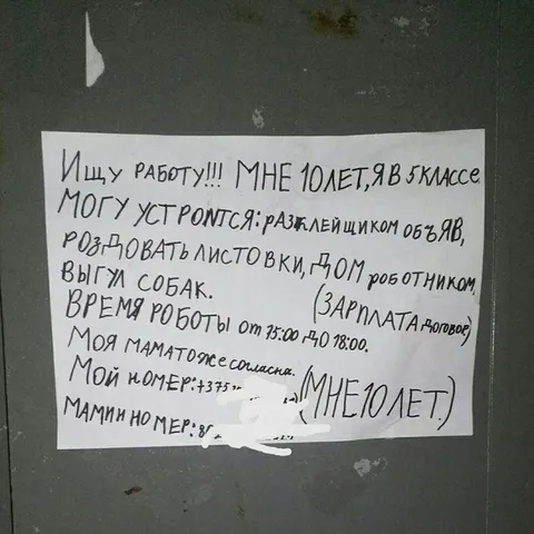 Детское объявление о поиске работы