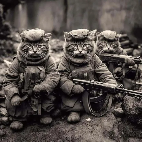 Коты-солдаты в окопе
