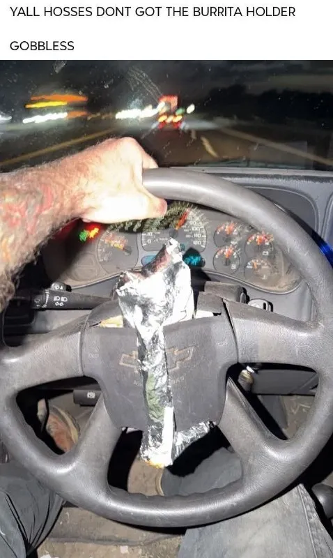 Improvised Burrito Steering Wheel Holder