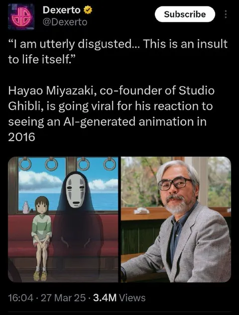 Miyazaki Disgusted by AI Animation