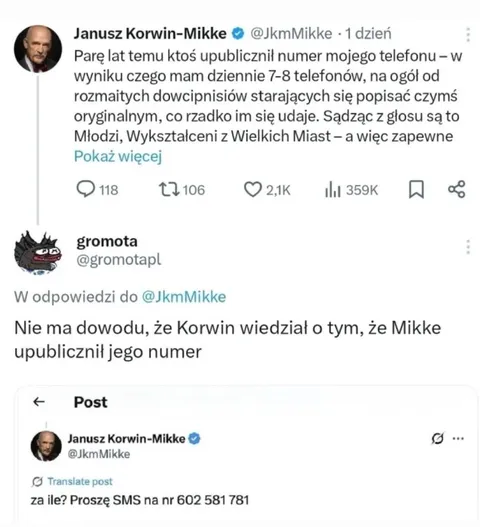 Korwin prosi o SMS