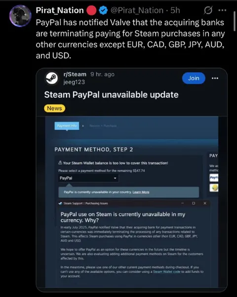 Steam PayPal Unavailable Update