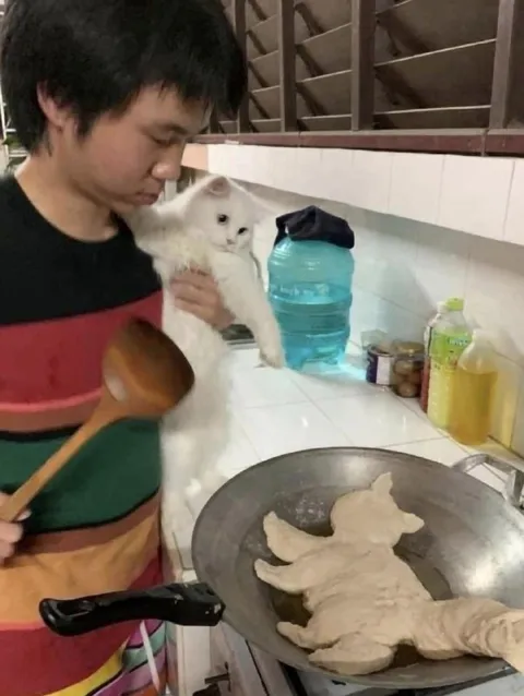 Мужчина готовит кота