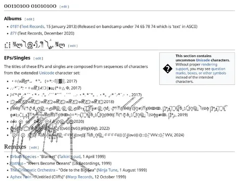 Aphex Twin Unicode Discography