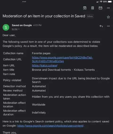 Google Moderates Saved Torrents