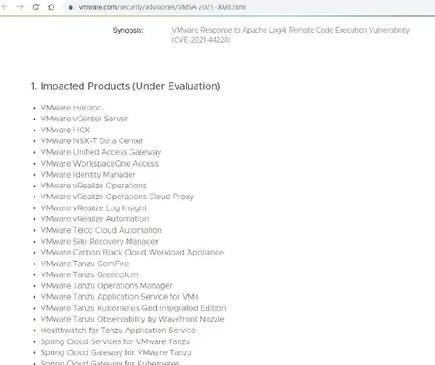 VMware Vulnerability Product List