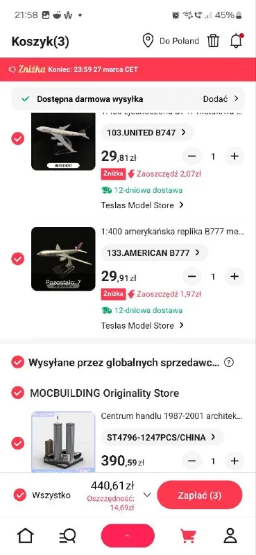 Koszyk z samolotami i wieżowcami