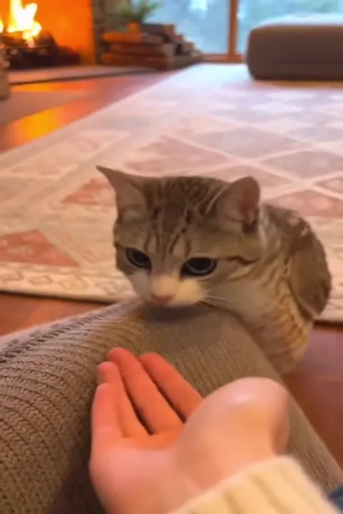 Котик просит внимания у камина