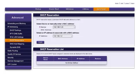 DHCP Reservation Screen
