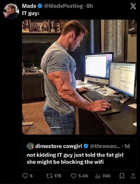 Muscular IT Guy Fixes Wi-Fi