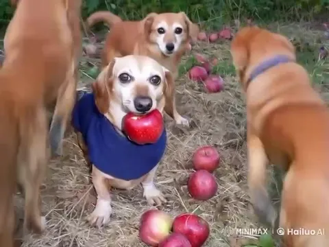 Собака среди яблок и собак