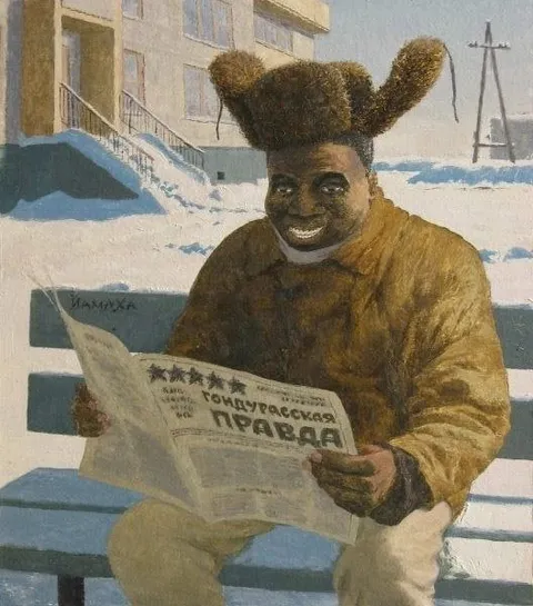 Чёрный снеговик читает «Правду»