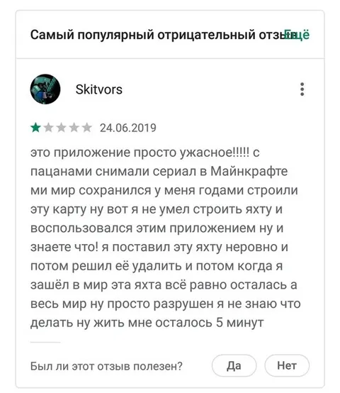 Самый популярный отрицательный отзыв