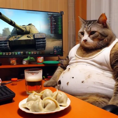 Кот играет в танки за пельменями