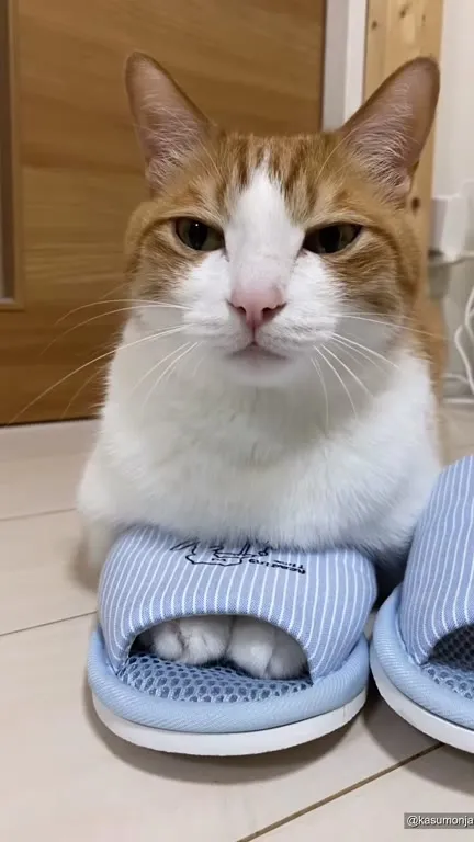 Кот мяукает в тапочках