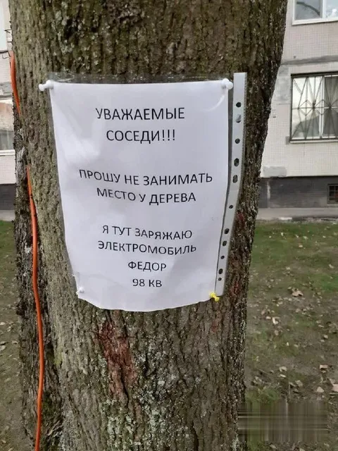 Зарядка электромобиля у дерева