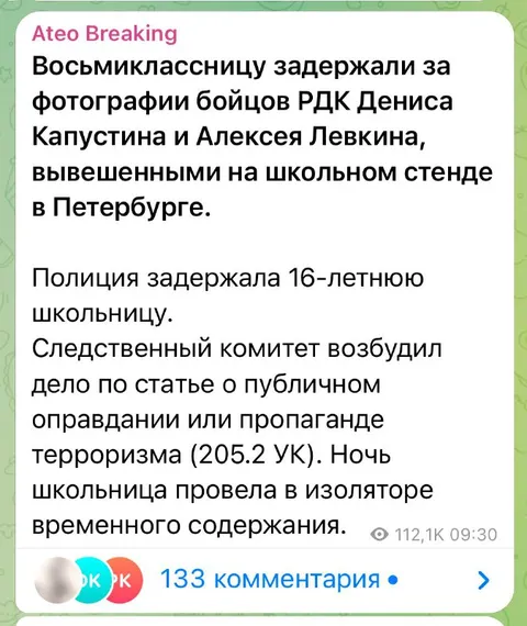 Школьницу задержали за фотографии бойцов РДК