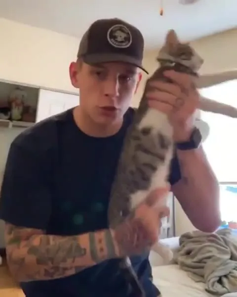 Мужчина показывает кота и падает