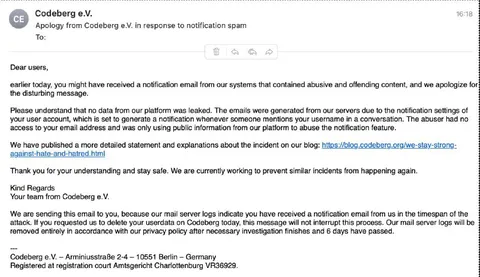 Codeberg Apology Email